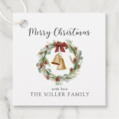 Frohe Weihnachten, Laubkranz mit goldenen Glocken Geschenkanhänger (Vorderseite)