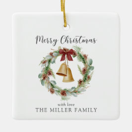 Frohe Weihnachten, Laubkranz mit goldenen Glocken Keramikornament