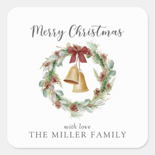 Frohe Weihnachten, Laubkranz mit goldenen Glocken Quadratischer Aufkleber