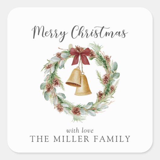 Frohe Weihnachten, Laubkranz mit goldenen Glocken Quadratischer Aufkleber (Vorderseite)
