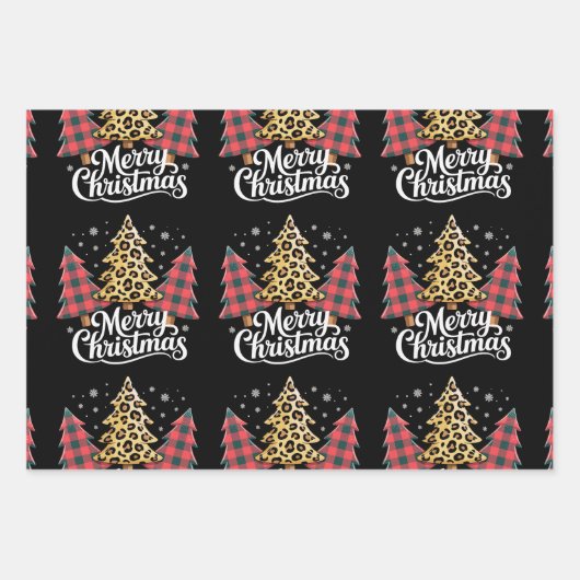Frohe Weihnachten Leopard Kariert Tree Xmas Urlaub Geschenkpapier Set (Vorderseite)