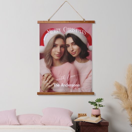 Frohe Weihnachten Lesbian Retro Pink | Benutzerdef Wandteppich Mit Holzrahmen (Schlafzimmer)