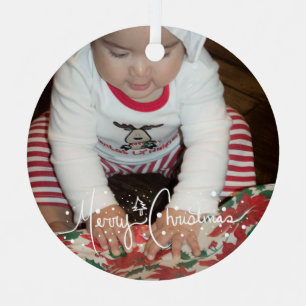 Frohe Weihnachten Lettering und Baby Familienfoto Ornament Aus Metall