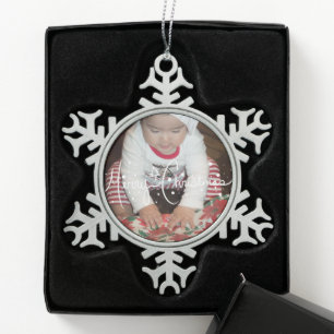 Frohe Weihnachten Lettering und Baby Familienfoto Schneeflocken Zinn-Ornament