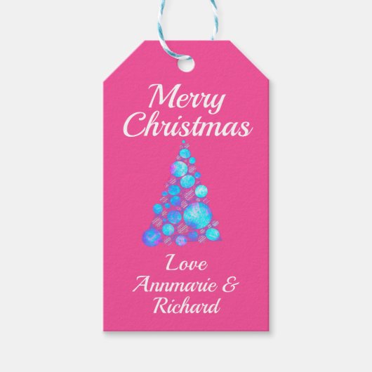 Frohe Weihnachten Lila Baum auf Rosa mit Namen Geschenkanhänger (Vorderseite)
