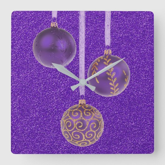 Frohe Weihnachten Lila Glitzer Baubles Elegante Quadratische Wanduhr (Vorderseite)