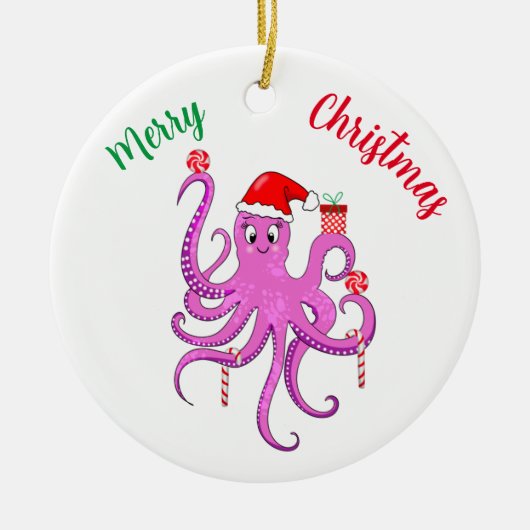Frohe Weihnachten Lila Santa Octopus Keramik Ornament (Vorne)