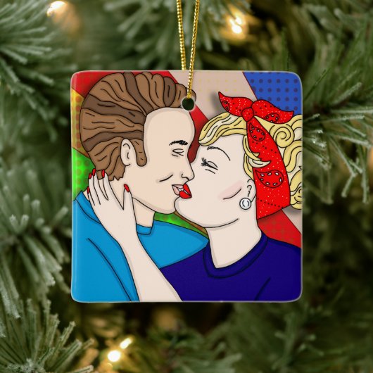 Frohe Weihnachten Lover | Retro Couple Kissing Keramikornament (Baum)