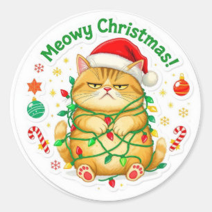 Frohe Weihnachten lustiger Katzenaufkleber Runder Aufkleber