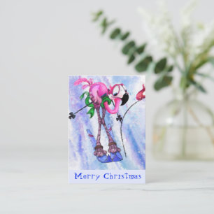 Frohe Weihnachten - Lustiger Rosa Flamingo Skifahr Mitteilungskarte
