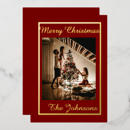 Frohe Weihnachten Maroon Gold Simple Modern Foto Folien Feiertagskarte