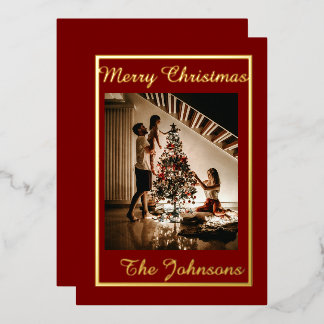 Frohe Weihnachten Maroon Gold Simple Modern Foto Folien Feiertagskarte