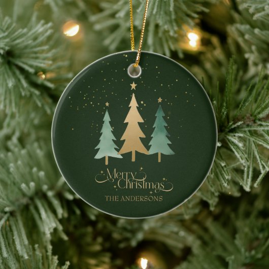 Frohe Weihnachten Minimalistische Pine Trees Green Keramik Ornament (Baum)