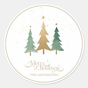 Frohe Weihnachten Minimalistische Pine Trees White Runder Aufkleber
