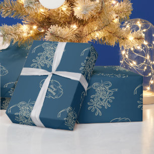 Frohe Weihnachten Mistletoe Calligraphy Blue Geschenkpapier
