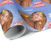 Frohe Weihnachten mit 1 Herz Foto und Name Blau Geschenkpapier (Rolleneckpunkt)