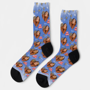 Frohe Weihnachten mit 1 Herz Foto und Name Blau Socken