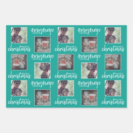 Frohe Weihnachten mit 2 quadratischen Fotos - blau Geschenkpapier Set (Vorderseite 3)