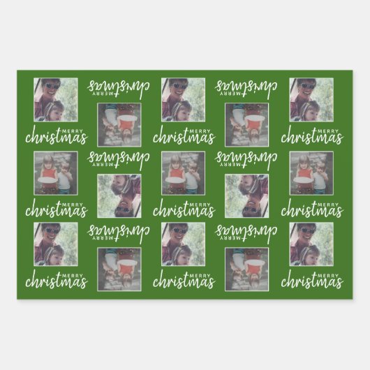 Frohe Weihnachten mit 2 quadratischen Fotos - blau Geschenkpapier Set (Vorderseite)