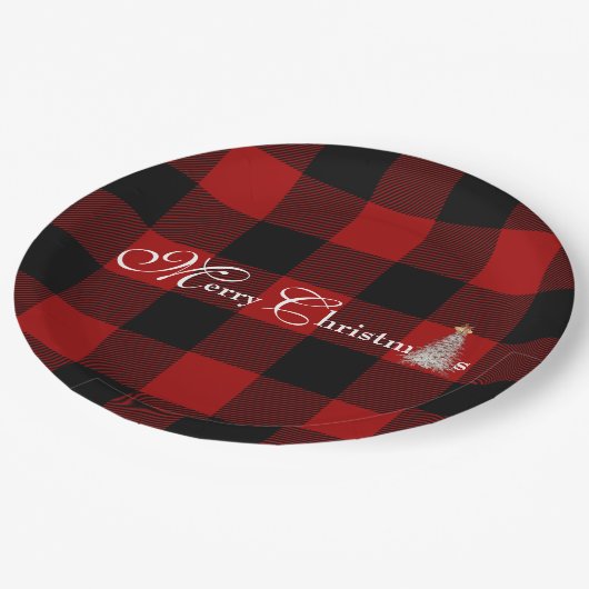 Frohe Weihnachten mit Baum auf Büffel kariert Pappteller (Schrägansicht)