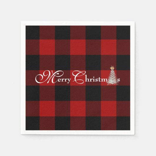 Frohe Weihnachten mit Baum auf Büffel kariert Serviette (Vorderseite)