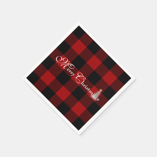 Frohe Weihnachten mit Baum auf Büffel kariert Serviette (Ecke)
