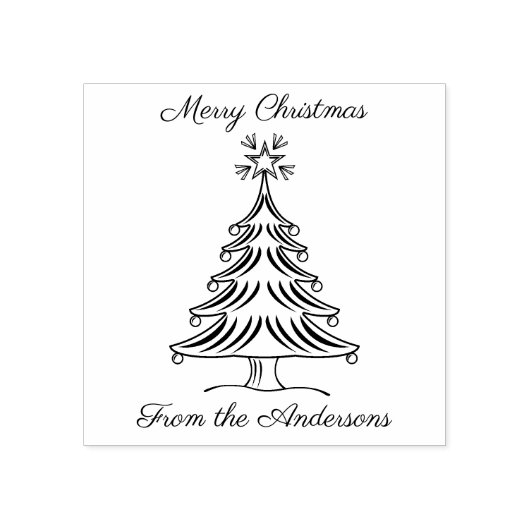 Frohe Weihnachten mit Baum und Familiennamen Gummistempel (Prägung)