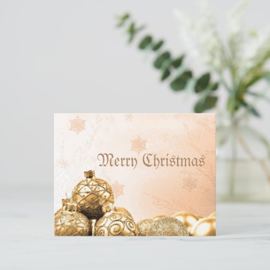 Frohe Weihnachten mit Gold-Ornamenten Postkarte (Stehend Vorderseite)
