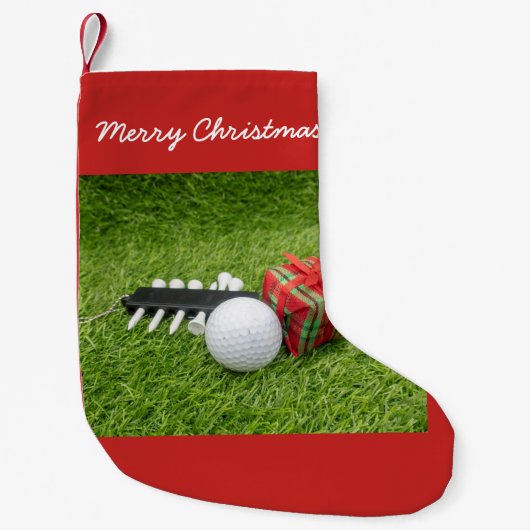 Frohe Weihnachten mit Golf und Geschenk auf Grün Kleiner Weihnachtsstrumpf (Vorderseite)