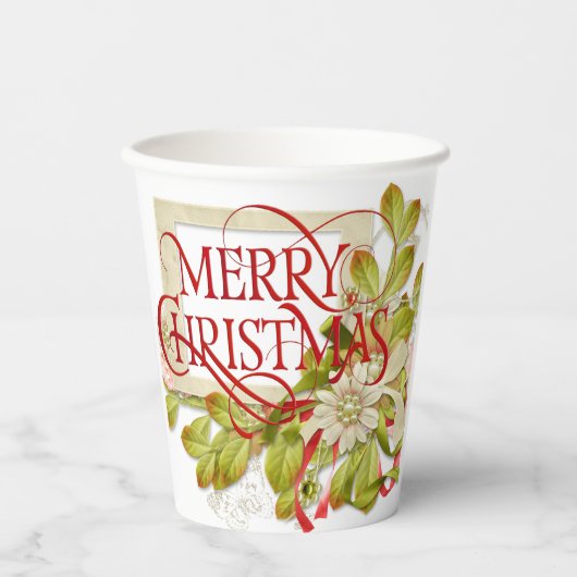 Frohe Weihnachten mit grünen Florals Pappbecher (Vorderseite)