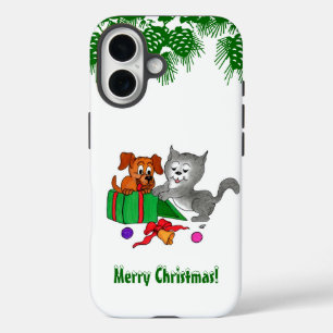 Frohe Weihnachten mit Katze und Welpe iPhone 16 Hülle