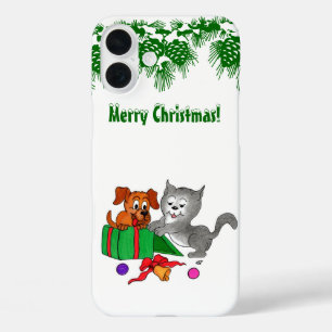 Frohe Weihnachten mit Katze und Welpe iPhone 16 Plus Hülle