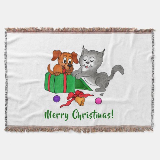 Frohe Weihnachten mit Katze und Welpe Decke (Vorderseite)