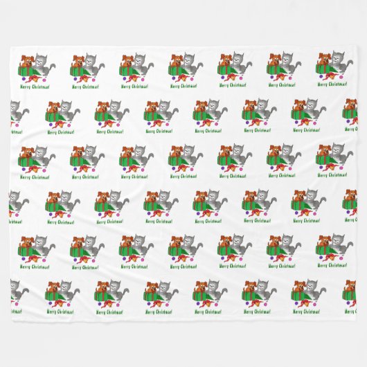 Frohe Weihnachten mit Katze und Welpe Fleecedecke (Vorderseite (Horizontal))