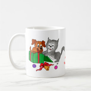 Frohe Weihnachten mit Katze und Welpe Kaffeetasse