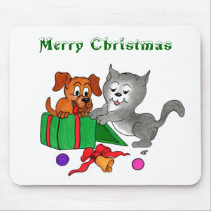 Frohe Weihnachten mit Katze und Welpe Mousepad