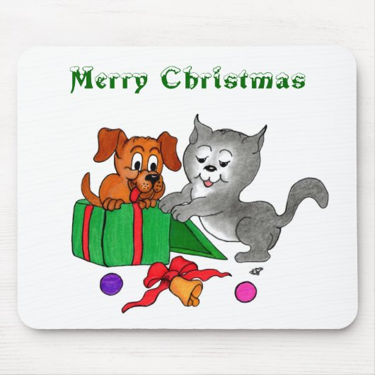 Frohe Weihnachten mit Katze und Welpe Mousepad (Vorne)