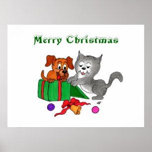 Frohe Weihnachten mit Katze und Welpe Poster