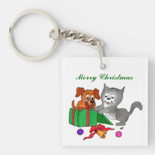 Frohe Weihnachten mit Katze und Welpe Schlüsselanhänger