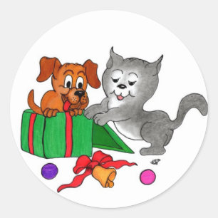 Frohe Weihnachten mit Katze und Welpen Runder Aufkleber