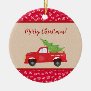 Frohe Weihnachten mit LKW und Baum, Familienname Keramik Ornament