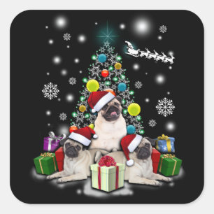 Frohe Weihnachten mit Mops-Hundetier Quadratischer Aufkleber