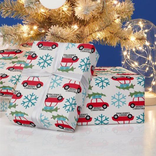 Frohe Weihnachten mit Vintage Car Tree Presents Geschenkpapier (Feiertage)