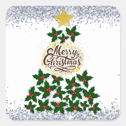 Frohe Weihnachten mit Weihnachtsbaum Quadratischer Aufkleber (Vorderseite)