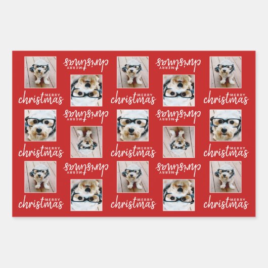 Frohe Weihnachten mit zwei quadratischen Fotos 3 F Geschenkpapier Set (Vorderseite)