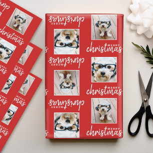 Frohe Weihnachten mit zwei quadratischen Fotos rot Geschenkpapier Set