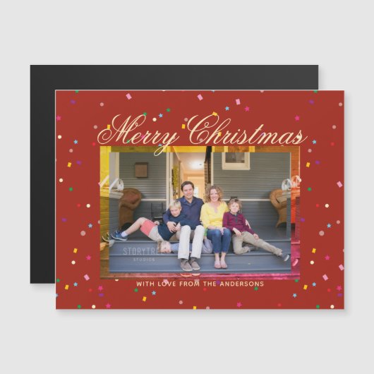 Frohe Weihnachten Modern Red Gold Family Foto Card Magnetkarte (Vorne/Hinten)