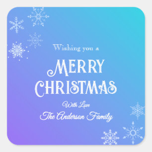 Frohe Weihnachten Modern  Schneeflocke Lila Blau Quadratischer Aufkleber