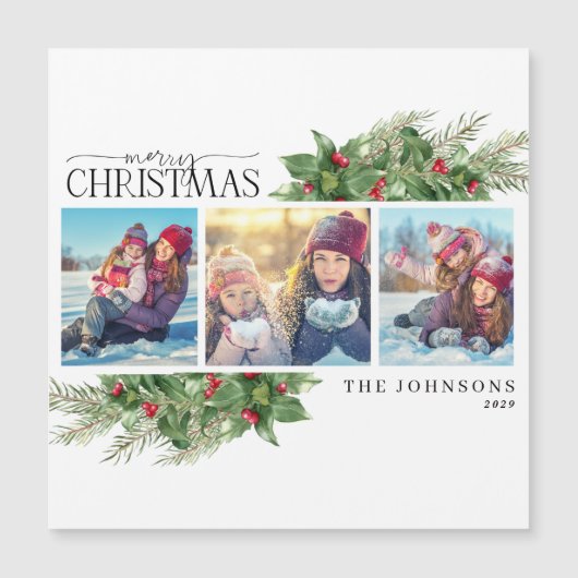 Frohe Weihnachten Moderne Holly Berry Foto Magnet (Vorderseite)