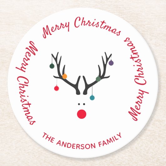 Frohe Weihnachten moderne lustige Rentiere weiß Runder Pappuntersetzer (Vorderseite)